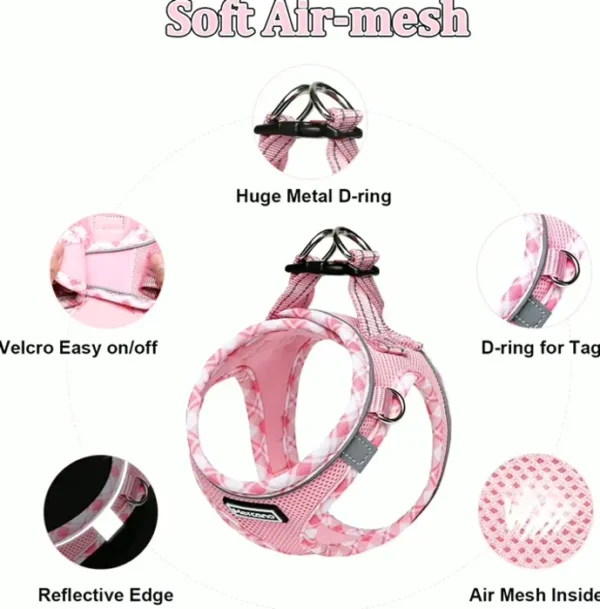 Comfortable Breathable Pet Harness and Lead Kit for Small to Medium Pets - Pink