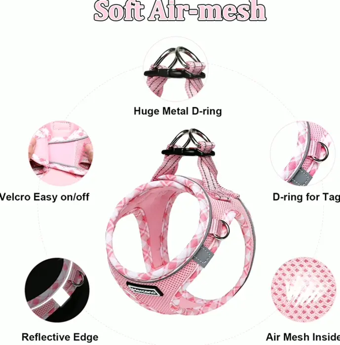 Comfortable Breathable Pet Harness and Lead Kit for Small to Medium Pets - Pink