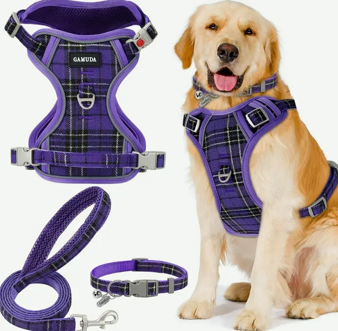 Dog Vest Set, Collar & Leash, Plaid Mid-Size