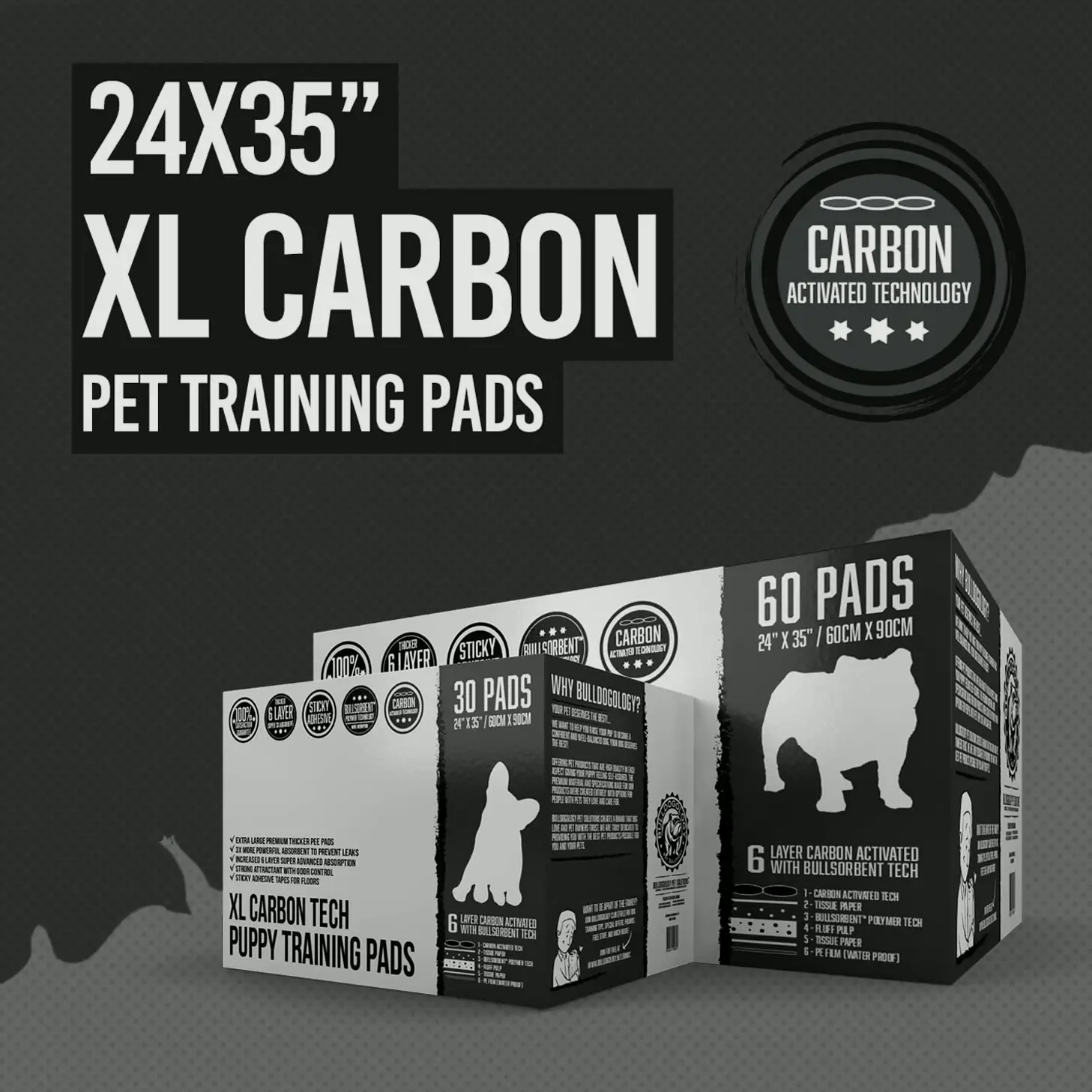 XL Puppy Pee Sheets with Sticky Tape - Bulldoglogy Carbon Pads (60-Count)