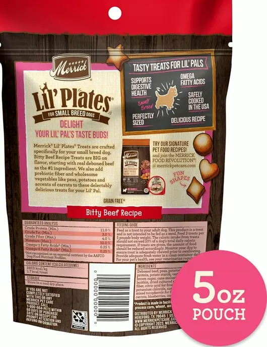 Merrick Lil\u2019 Plates Small Dog Snack Bites - Bitty Meat Recipe - 5 oz. Bag